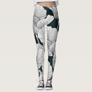 Legging Flor De Papoila, Linha Branca Preta.
