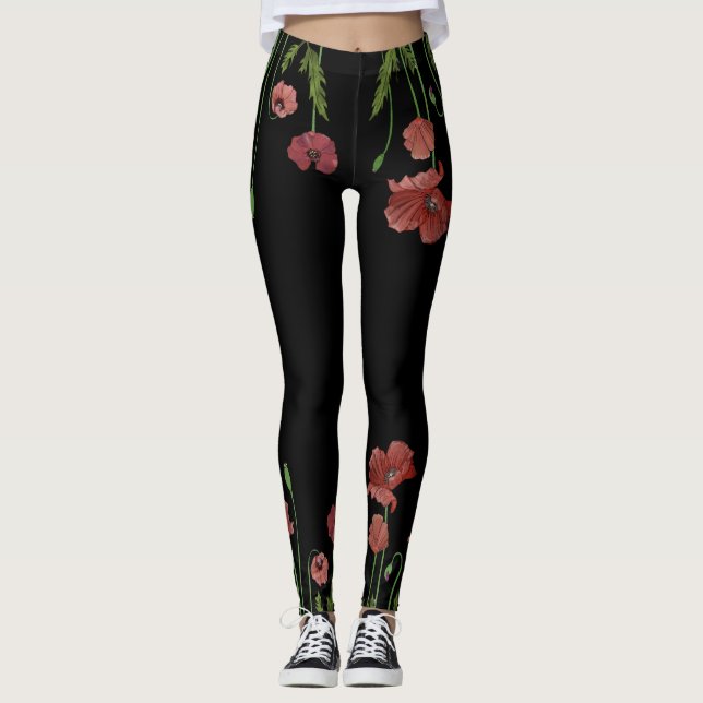 Legging flor de papoila Na moda vermelha com padrão (Frente)