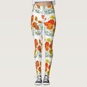 Legging Flor de Papoula Laranja Vermelha Aquarela Papoulas