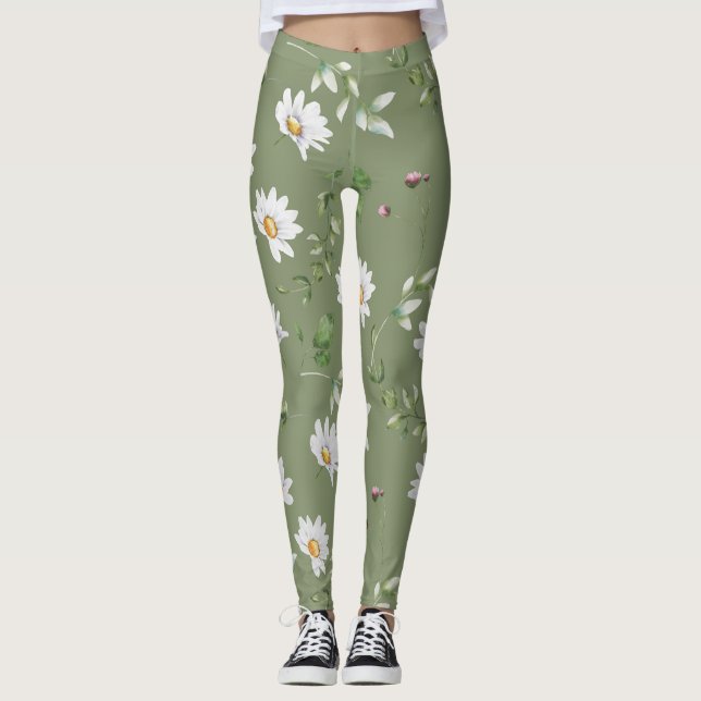 Legging Flor de pétala branca sobre fundo verde-oliva (Frente)