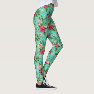 Legging Flor De Verão Tropical De Coral Coral Em Turquesa