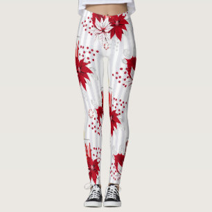 Legging Flor Moderno de Poinsettia Vermelha e Branca
