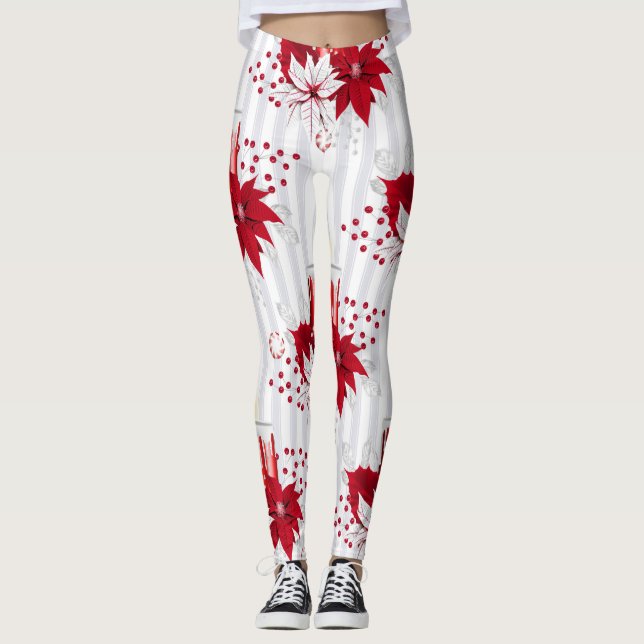 Legging Flor Moderno de Poinsettia Vermelha e Branca (Frente)
