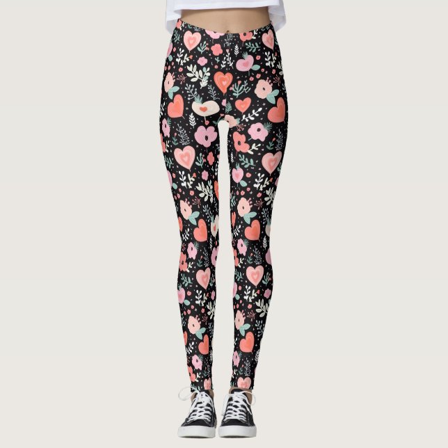 Legging Flor Retro Preto Rosa (Frente)