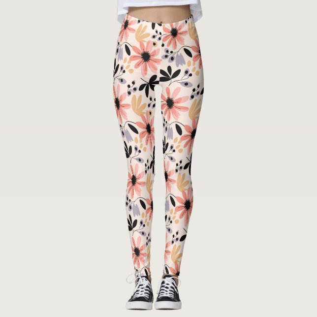 Legging Flor Retro Preto Rosa (Frente)