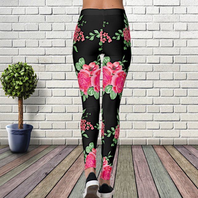 Legging Flor Rosa Rosa Rosa Rosa Elegante Preto (Criador carregado)
