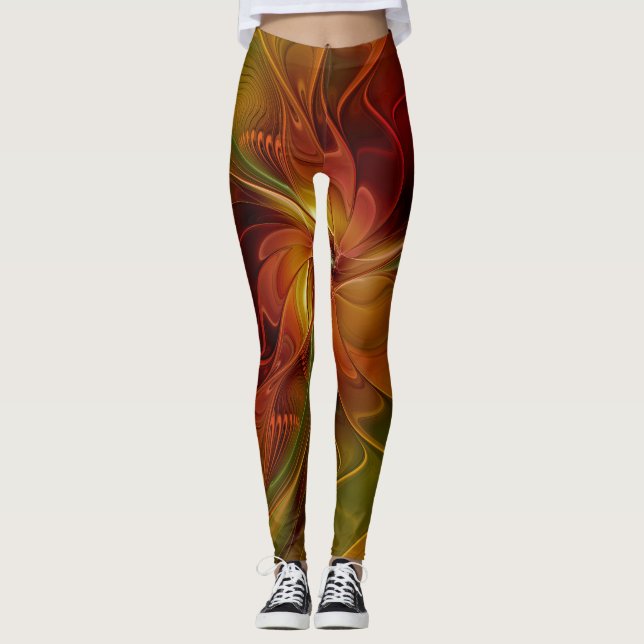 Legging Flor verde-laranja-abstrato Vermelho Castanho-Cast (Frente)