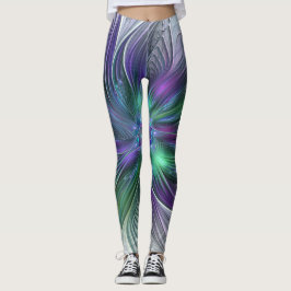 Legging Flor Verde Roxo Moderna Abstrato de Arte Fractal