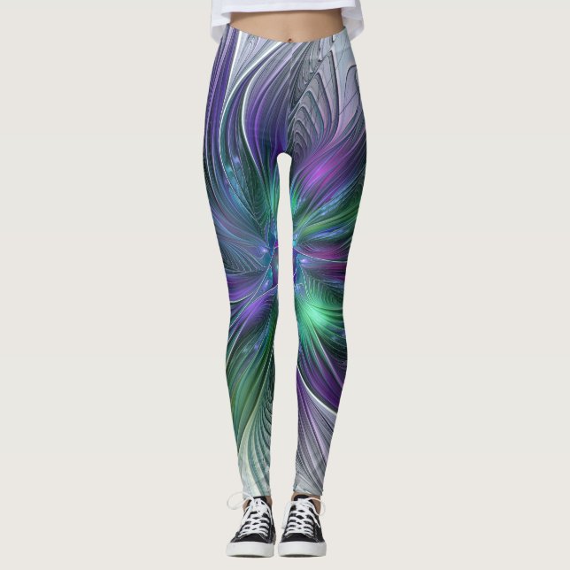 Legging Flor Verde Roxo Moderna Abstrato de Arte Fractal (Frente)