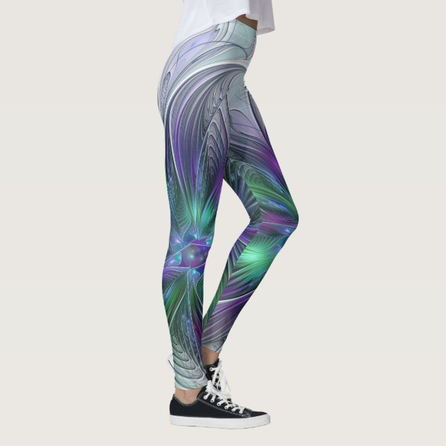 Legging Flor Verde Roxo Moderna Abstrato de Arte Fractal (Direita)