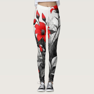 Legging Flor Vermelha Na Planta Branca Preta