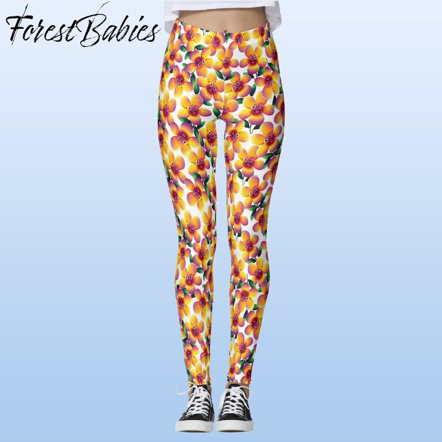 Legging Flor 🌼 Whimsical Cute Divertido Floral Design Pat (Silly Flower Pattern, ForestBabies Leggings, Front)