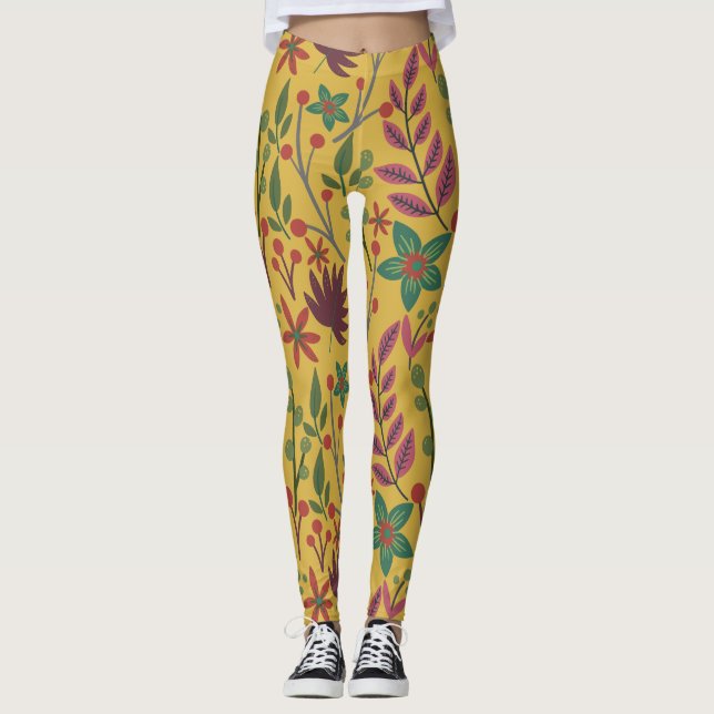 Legging Florais, sem costura, flores amarelas (Frente)