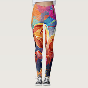 Legging Floral Abstrato Art Laranja Vermelho Azul Flores