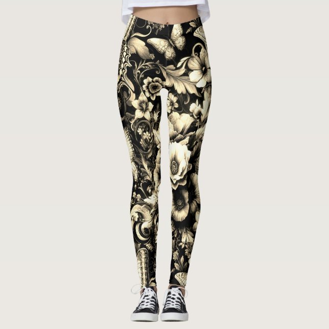 Legging Floral Antiquado ouro com Borboletas (Frente)