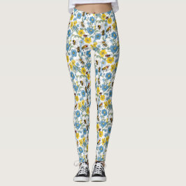 Legging Floral azul e amarelo com abelhas brancas