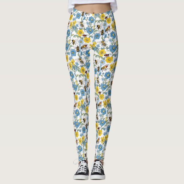 Legging Floral azul e amarelo com abelhas brancas (Frente)