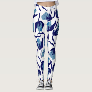 Legging Floral Azul Pansy: Sem Costura Desenhada À Mão.