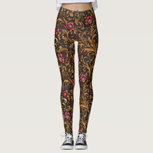 Legging Floral Barroco Escuro com Rolos Dourados