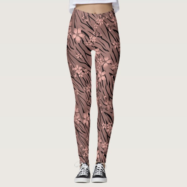 Legging Floral, castanho, padrão de tigre (Frente)