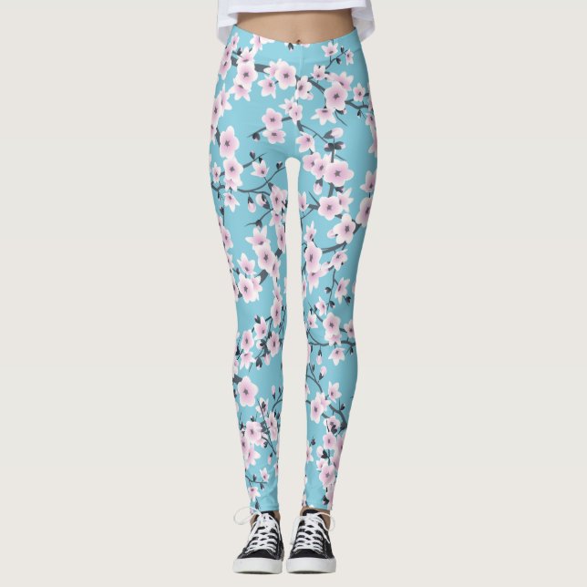 Legging Floral Cereja Brilhante Azul Rosa (Frente)