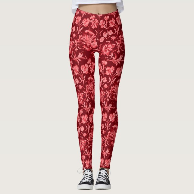 Legging Floral cor-de-rosa retrorreflector em Maroon (Frente)