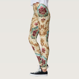 Legging Floral Damask Vintage em Turquesa e Borgonha