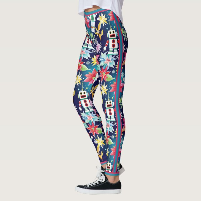 Legging Floral de Robôs Retroativos de Natal Bonito (Esquerda)