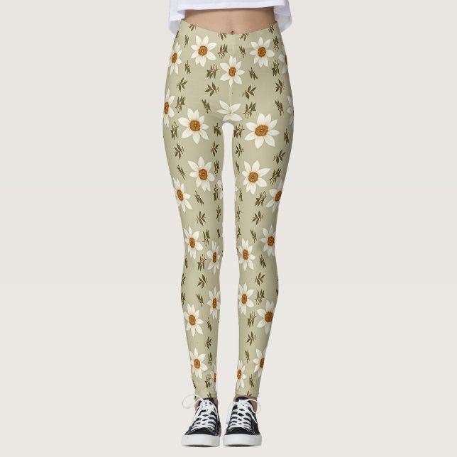 Legging Floral Decorativo em Branco e bege (Frente)