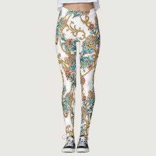 Legging Floral Dourado Barroco Elegante 