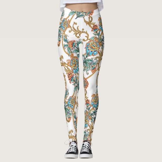 Legging Floral Dourado Barroco Elegante  (Frente)