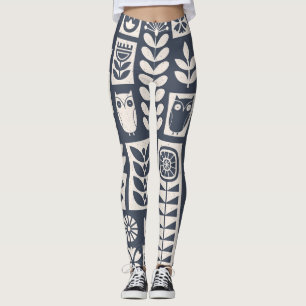 Legging Floral Escandinavo: Branco, Azul, Minimalista.