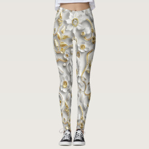 Legging Floral Estilizado Branco com Metálico Dourado