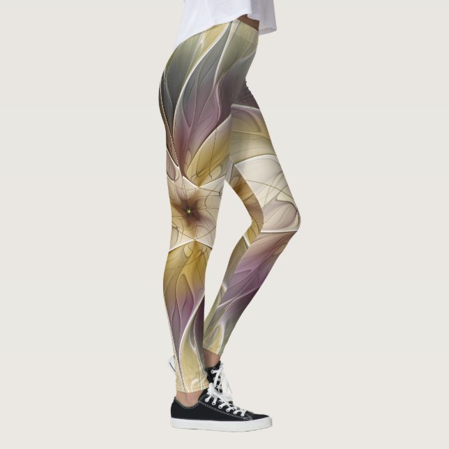 Legging Floral Fantasy Dourada Eggplant Abstrato Art Fract (Direita)