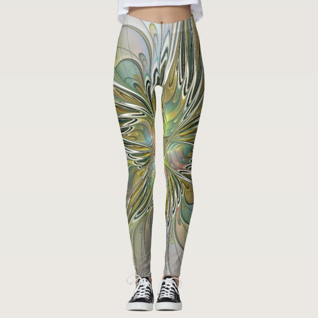 Legging Floral Fantasy Moderna Arte Fractal Flor Com Doura (Frente)