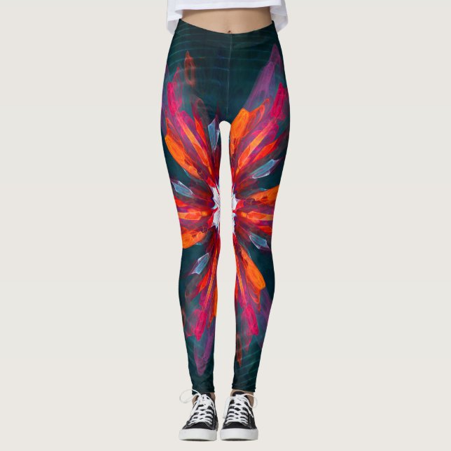 Legging Floral Flores de Mandala Laranja Vermelho Abstrato (Frente)