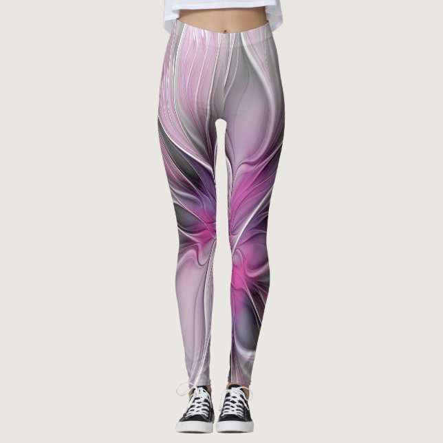 Legging Floral Fractal Moderno Abstrato Flor Rosa Cinza (Frente)