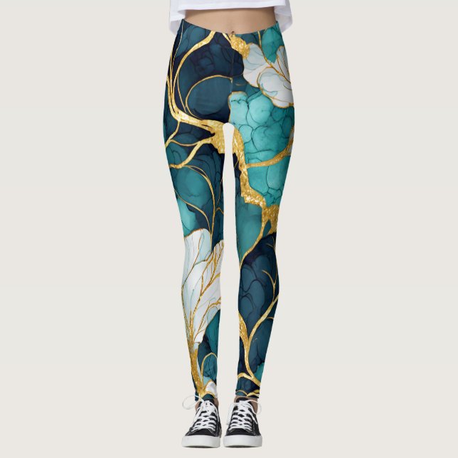 Legging Floral Japonês Azul Teal Dourado (Frente)