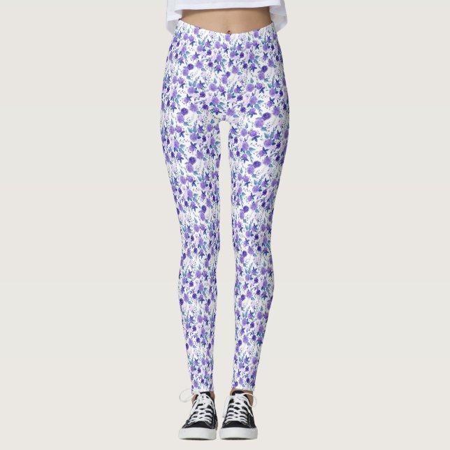 Legging Floral Lilac Roxo Elegante Em Branco (Frente)