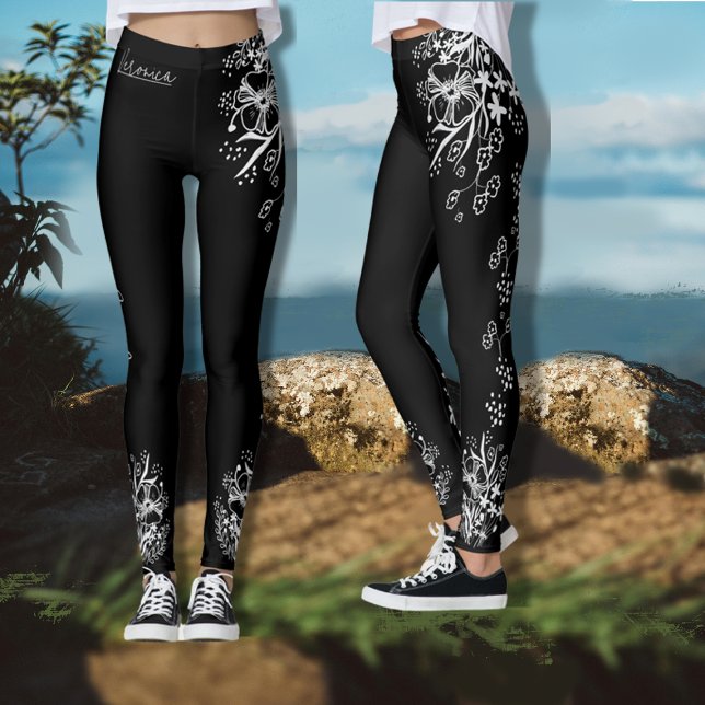 Legging Floral Preto e Branco Desenhado à Mão   (Black and White Floral Pattern Leggings)