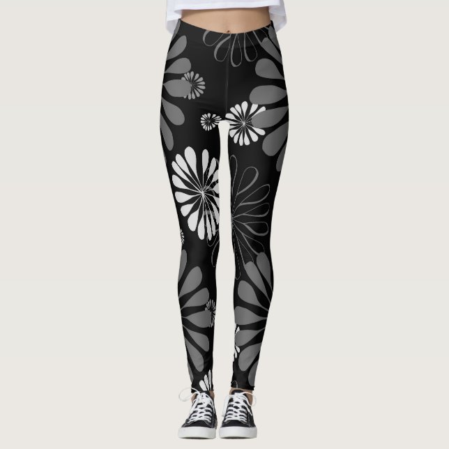 Legging Floral Retro Preto e Branco (Frente)
