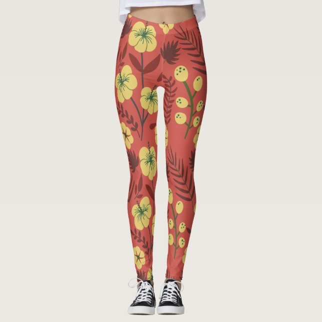 Legging Floral sem costura, flores amarelas e vermelhas (Frente)