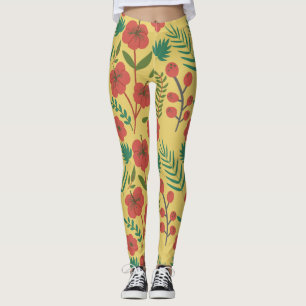 Legging Floral, sem costura, flores amarelas vermelhas