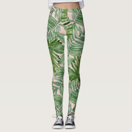 Legging Floral Tropical de Folha Rosa Simples Folha de Pal