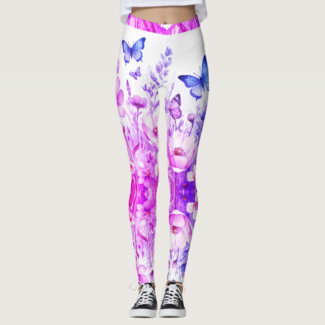 Legging Floral Vibrante e Borboleta Brilhante Púrpura Rosa (Frente)