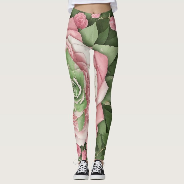 Legging Floreado de Hojas Verdes y Flores Rosas (Frente)