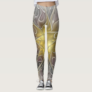 Legging Floreio Com Dourada Flor Fractal Abstrato Moderna