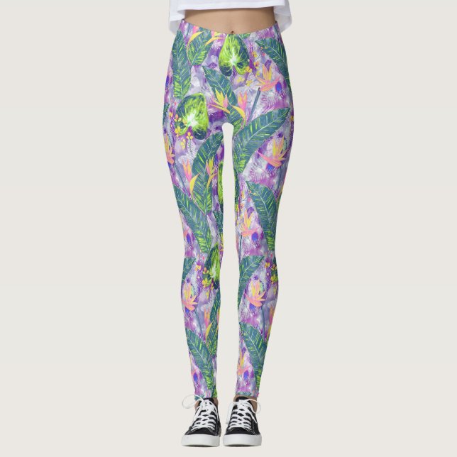 Legging Florença tropical, Botânica, lilás, verde, rosa, f (Frente)