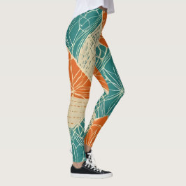 Legging Flores Abstratas em Azul-Verde, Laranja e Bege
