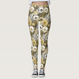Legging Flores amarelas e brancas sobre fundo de tigre